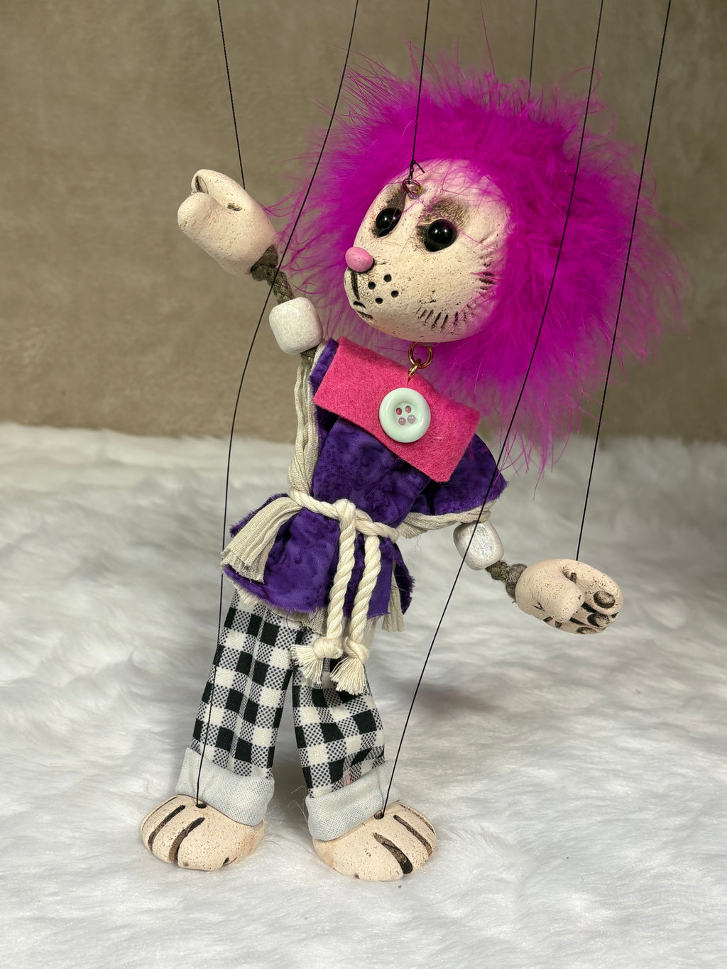 Meece puppet full body view - 25cm Australian made clay head marionette