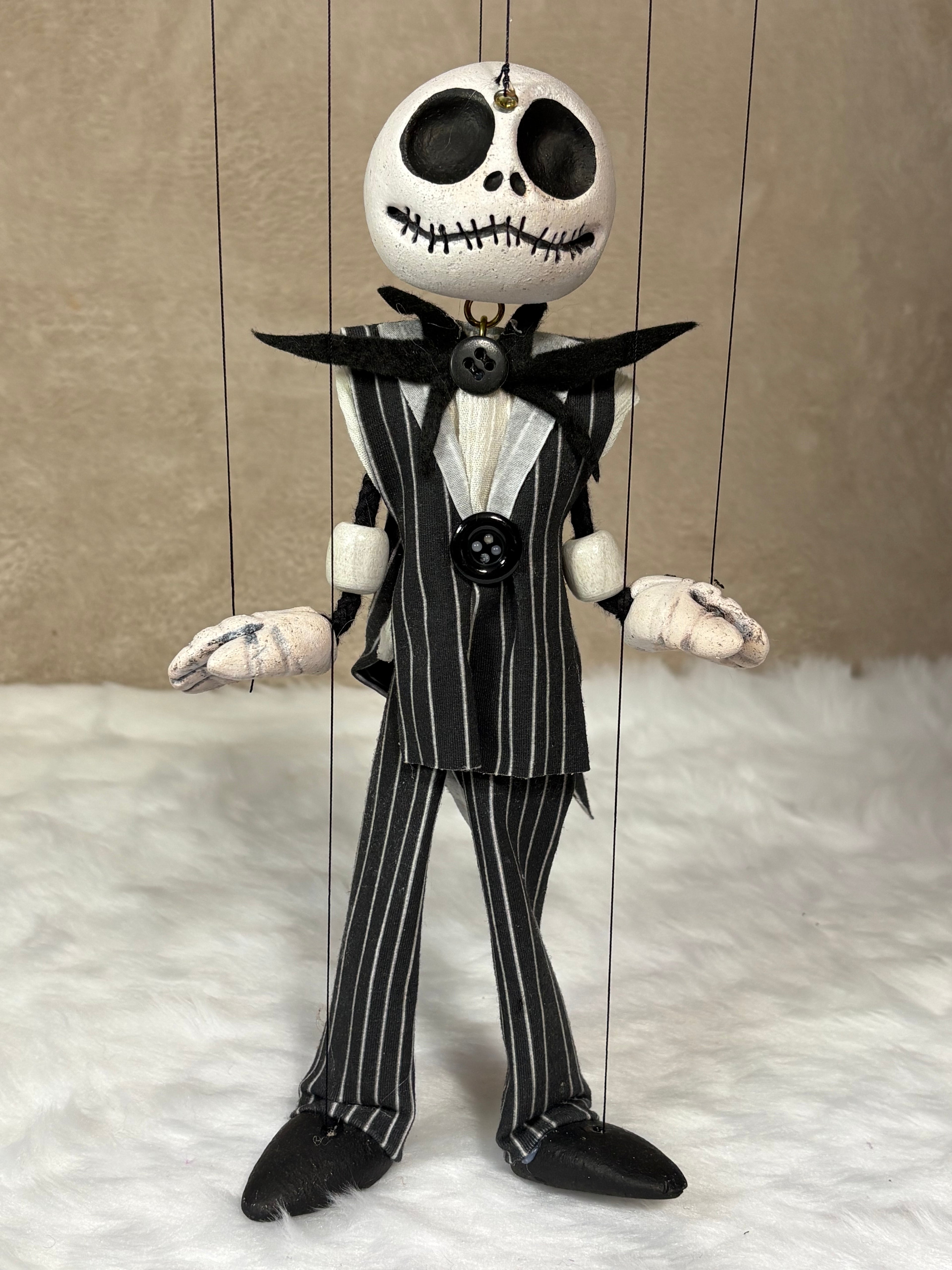 Handcrafted Jack Skellington puppet - full body view
